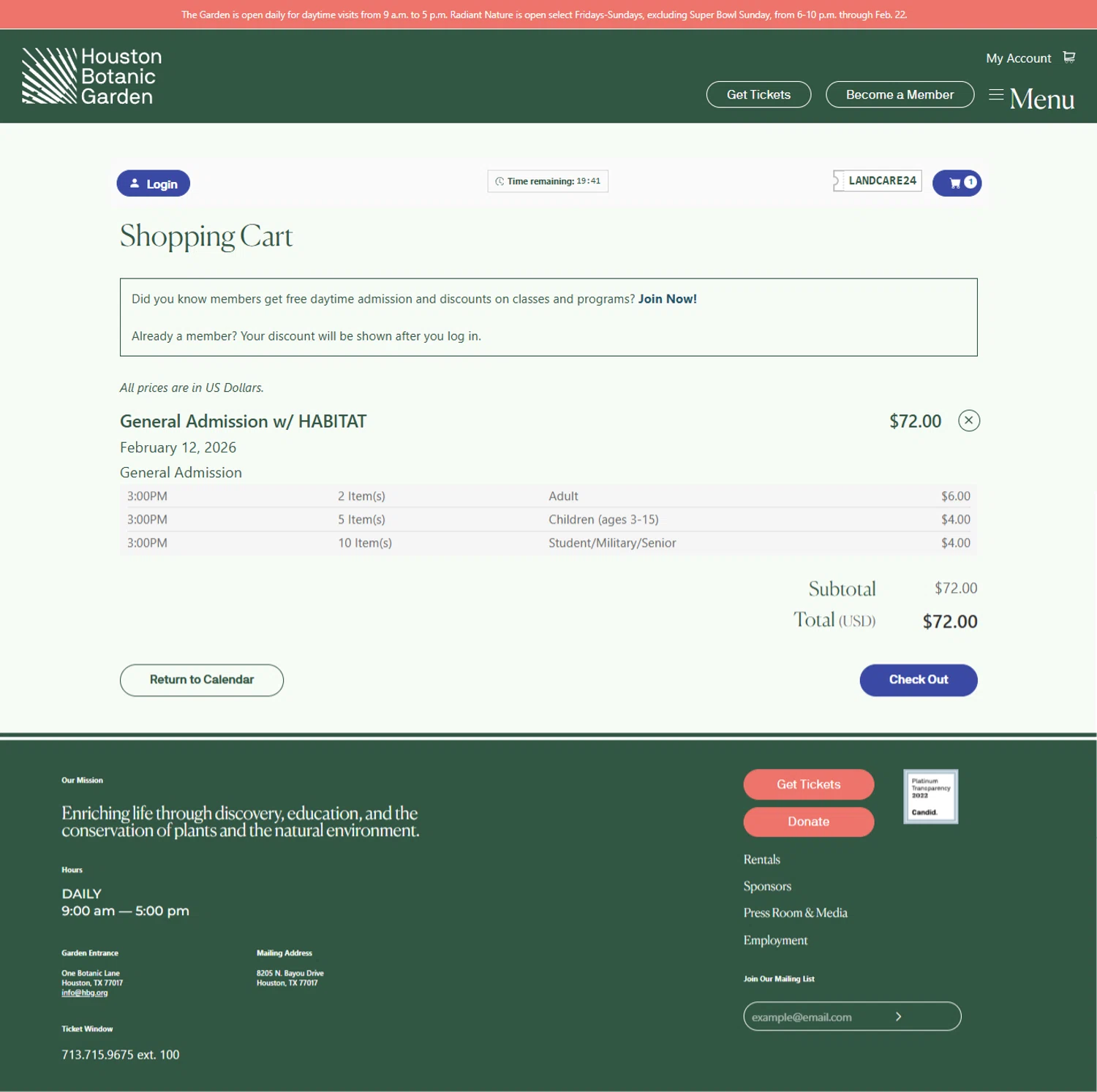 Houston Botanic Garden checkout page showing Houston Botanic Garden promo code box | Screenshot taken by SimplyCodes community member on Feb 1, 2026