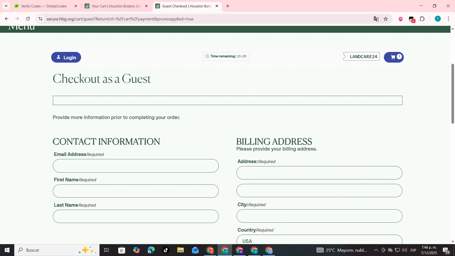 Houston Botanic Garden promo code screenshot showing code LANDCARE24 applied at Houston Botanic Garden checkout page. Uploaded by SimplyCodes community member codygakpo on Dec 7, 2025