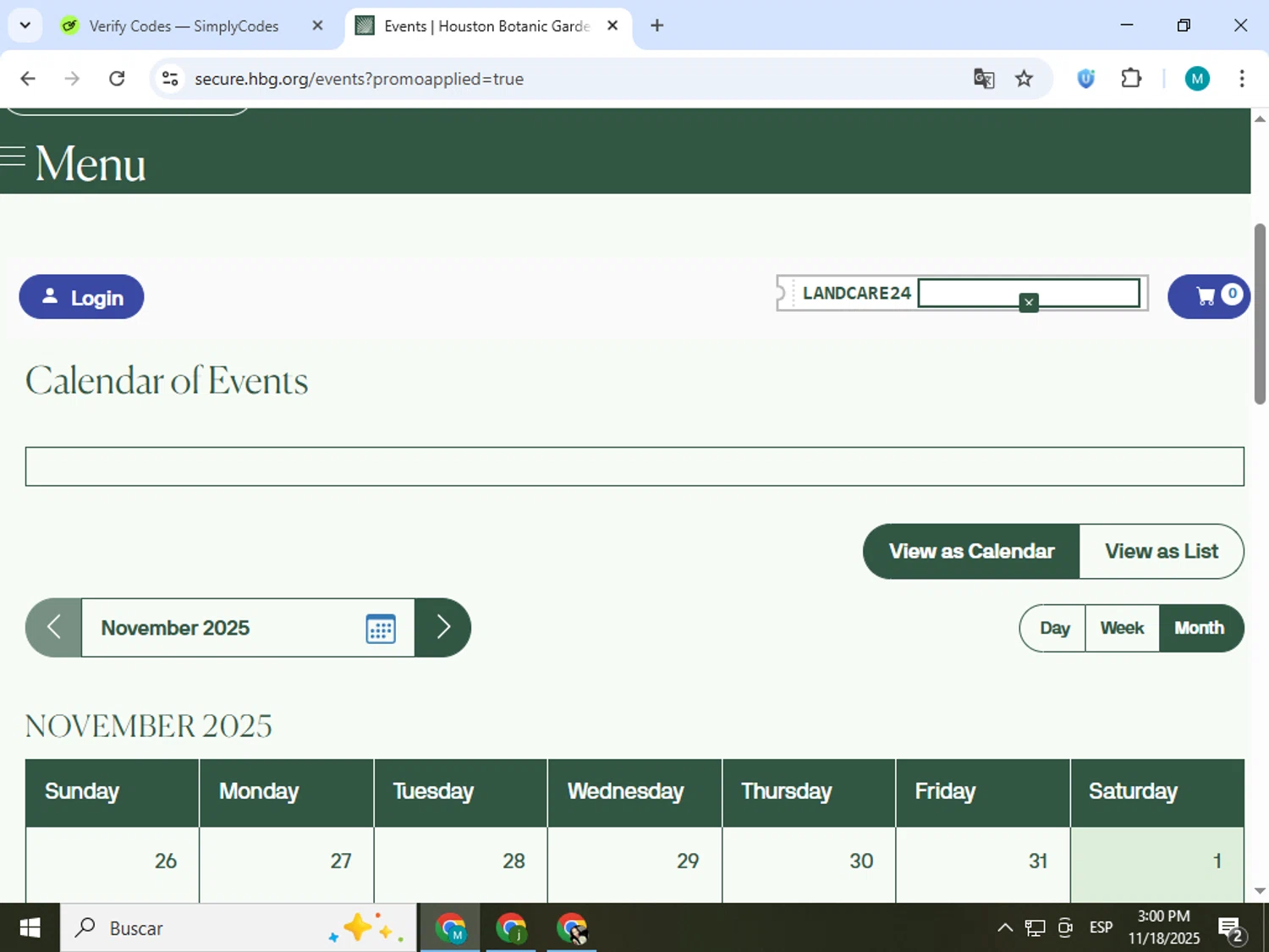Houston Botanic Garden checkout page showing Houston Botanic Garden promo code box | Screenshot taken by SimplyCodes community member on Nov 18, 2025