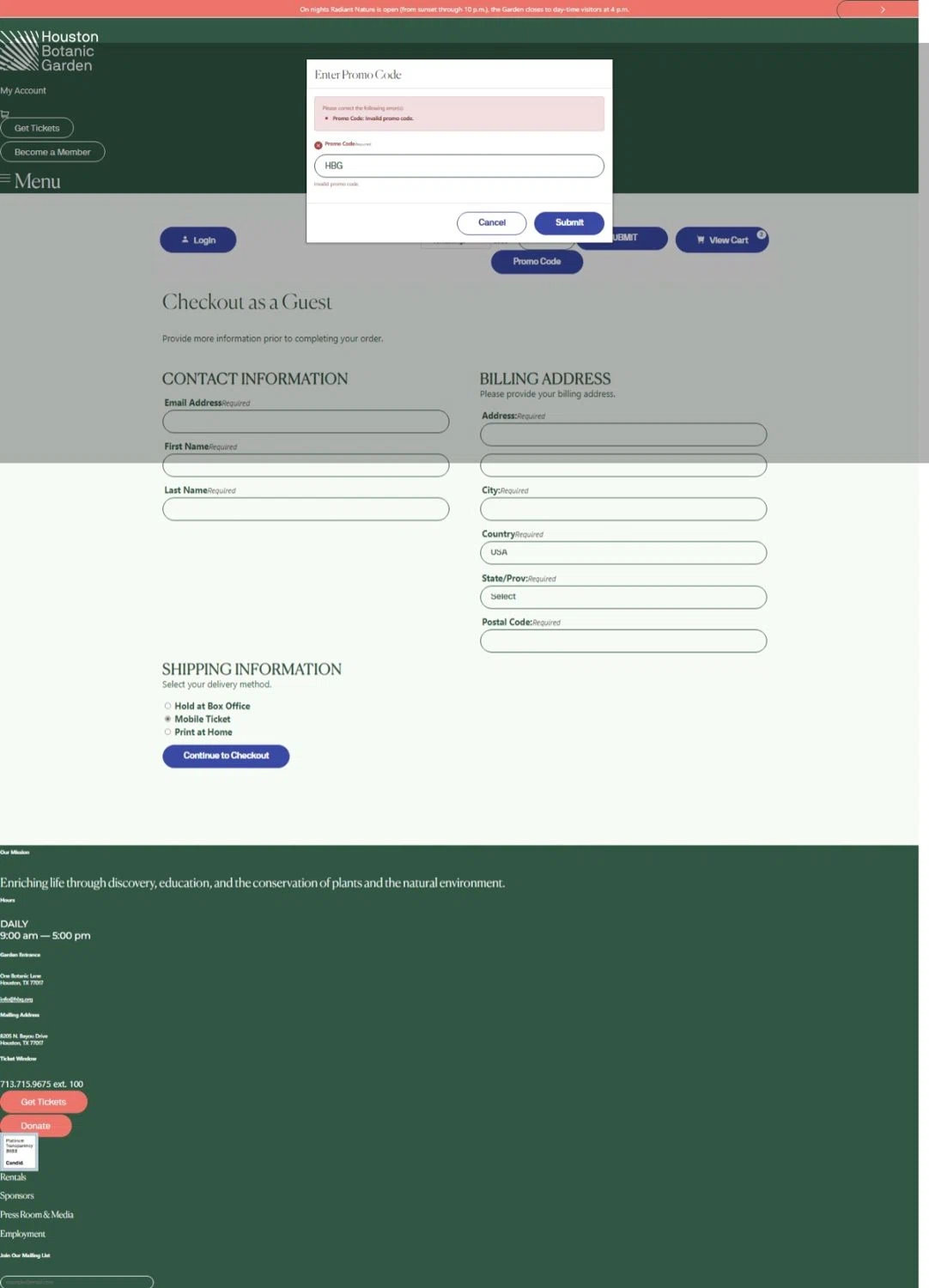 Houston Botanic Garden promo code screenshot showing code HBG applied at Houston Botanic Garden checkout page. Uploaded by SimplyCodes community member Maylinlr on Jan 3, 2025