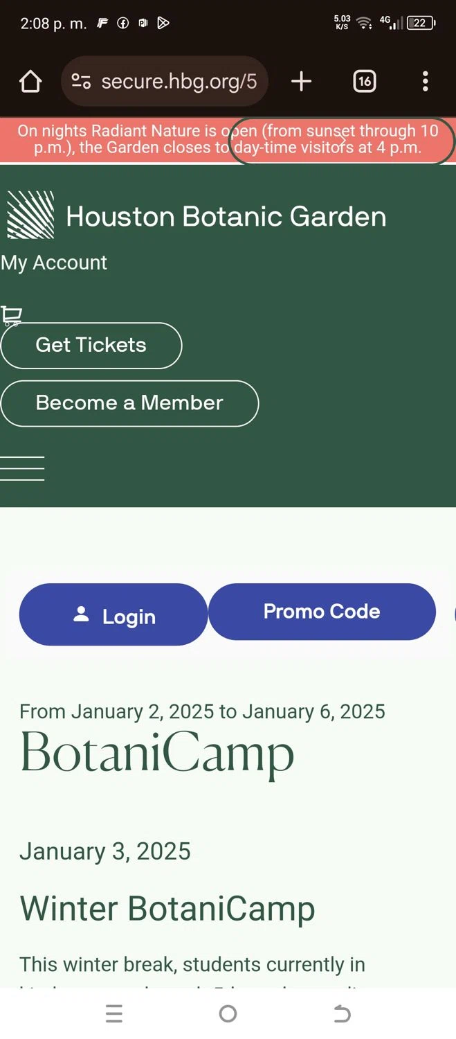 Houston Botanic Garden promo code screenshot showing code HBG applied at Houston Botanic Garden checkout page. Uploaded by SimplyCodes community member YosfranMedina on Jan 3, 2025