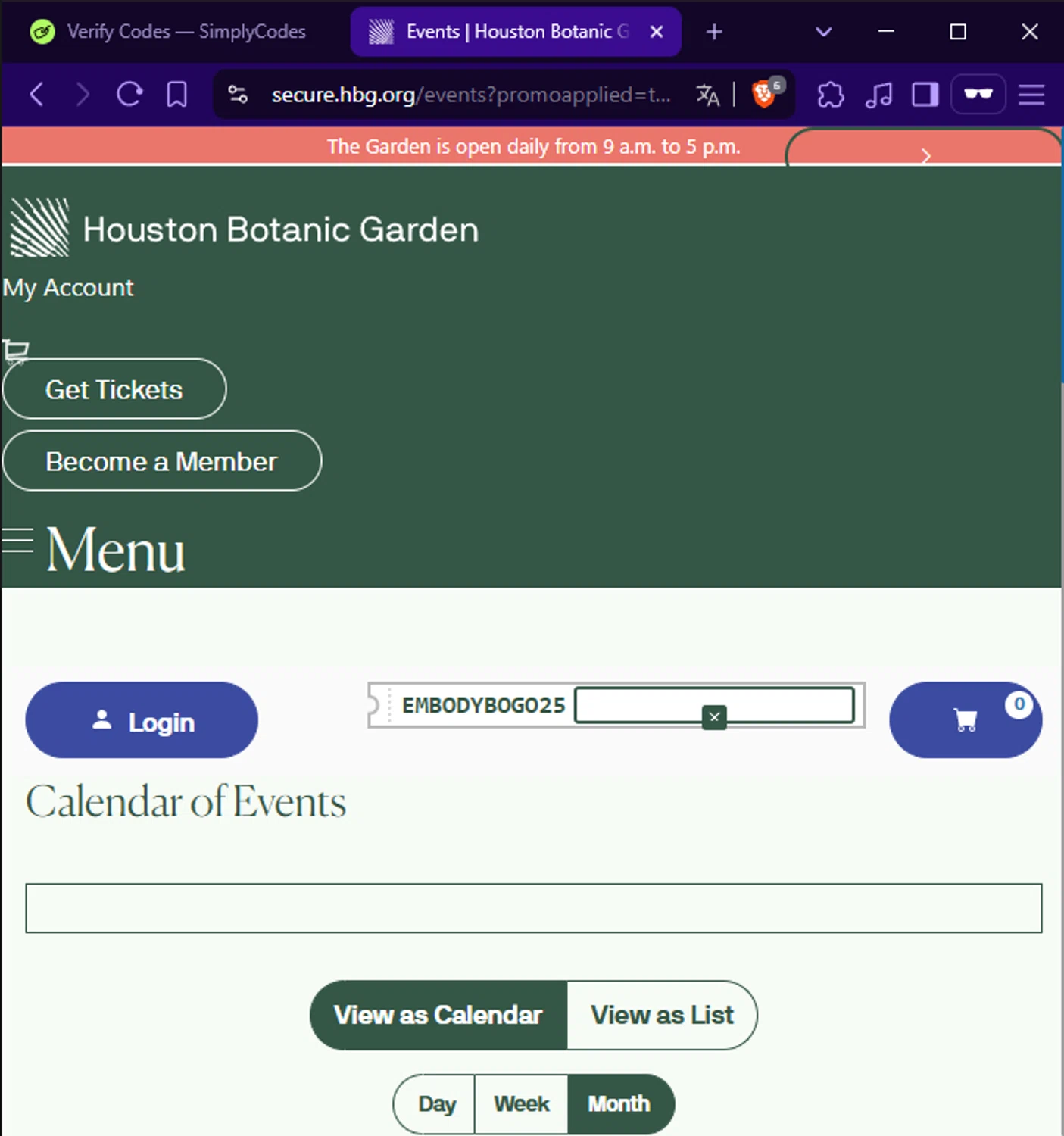 Houston Botanic Garden checkout page showing Houston Botanic Garden promo code box | Screenshot taken by SimplyCodes community member on Apr 25, 2025