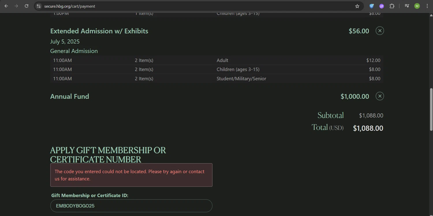 Houston Botanic Garden promo code screenshot showing code EMBODYBOGO25 applied at Houston Botanic Garden checkout page. Uploaded by SimplyCodes community member ScanHunter7116 on Jun 22, 2025