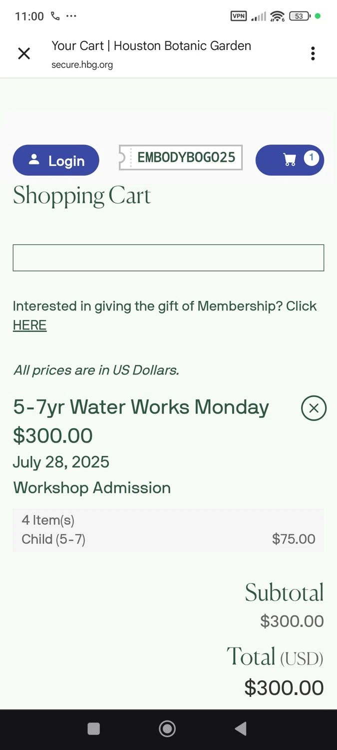 Houston Botanic Garden promo code screenshot showing code EMBODYBOGO25 applied at Houston Botanic Garden checkout page. Uploaded by SimplyCodes community member ShieldWhiz4659 on Jul 21, 2025