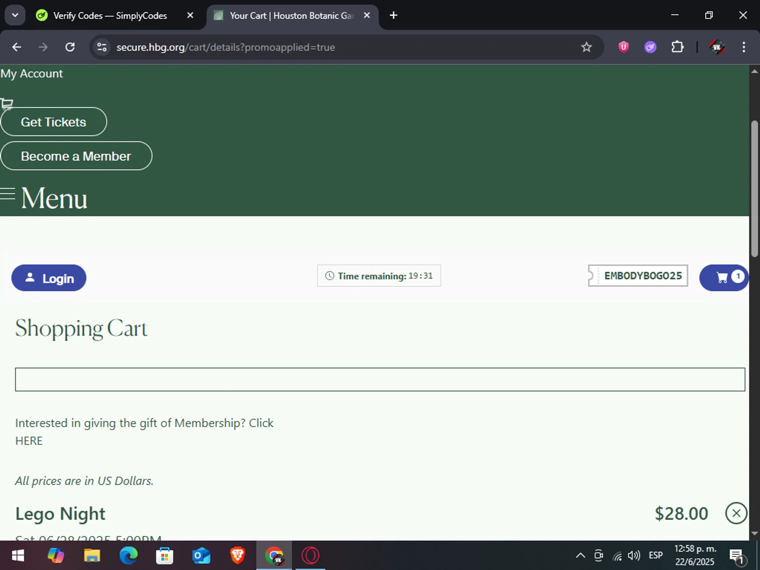 Houston Botanic Garden promo code screenshot showing code EMBODYBOGO25 applied at Houston Botanic Garden checkout page. Uploaded by SimplyCodes community member TreasureAdmiral6867 on Jun 22, 2025