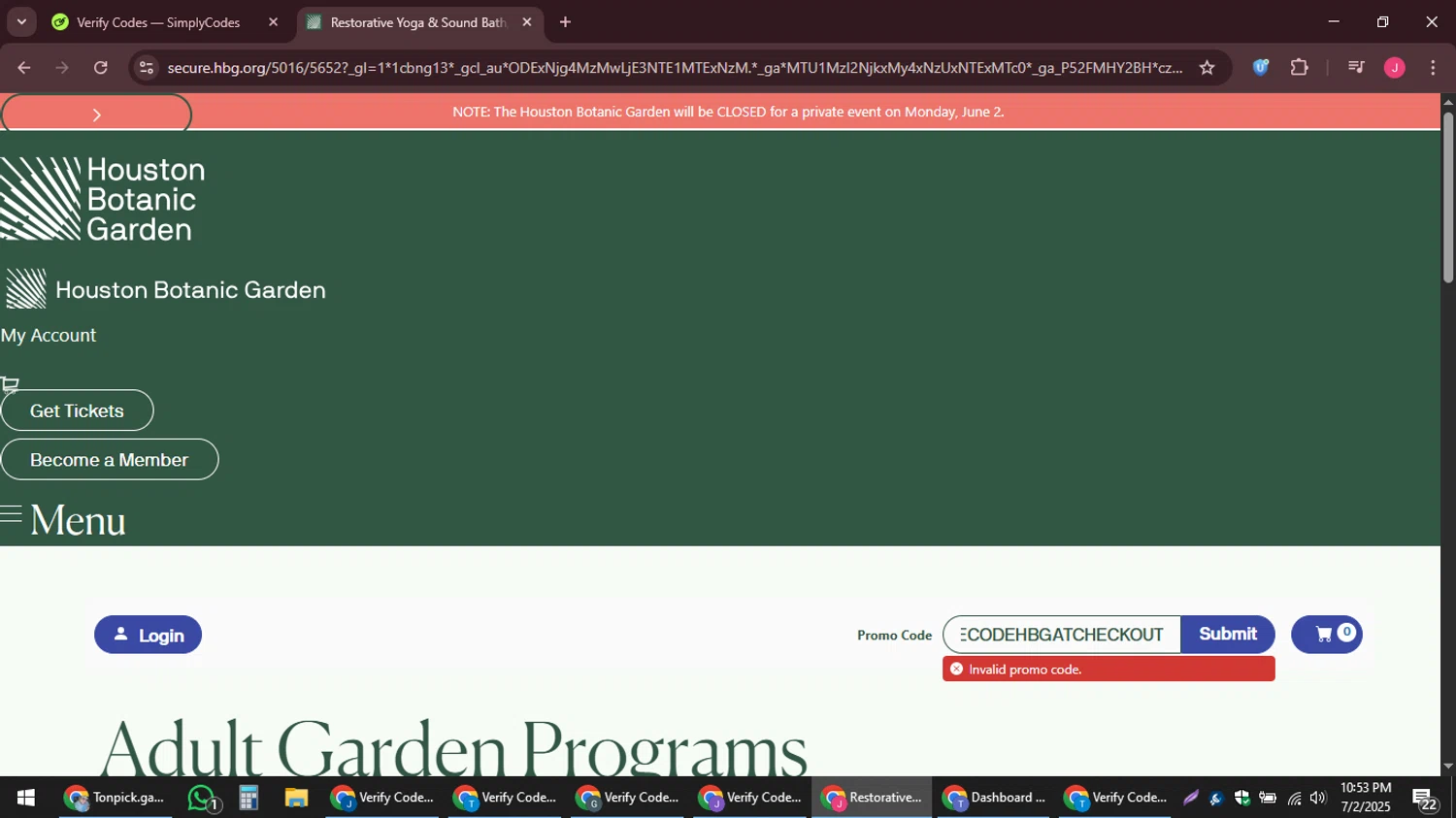 Houston Botanic Garden promo code screenshot showing code USECODEHBGATCHECKOUT applied at Houston Botanic Garden checkout page. Uploaded by SimplyCodes community member JackWilson63 on Jul 3, 2025