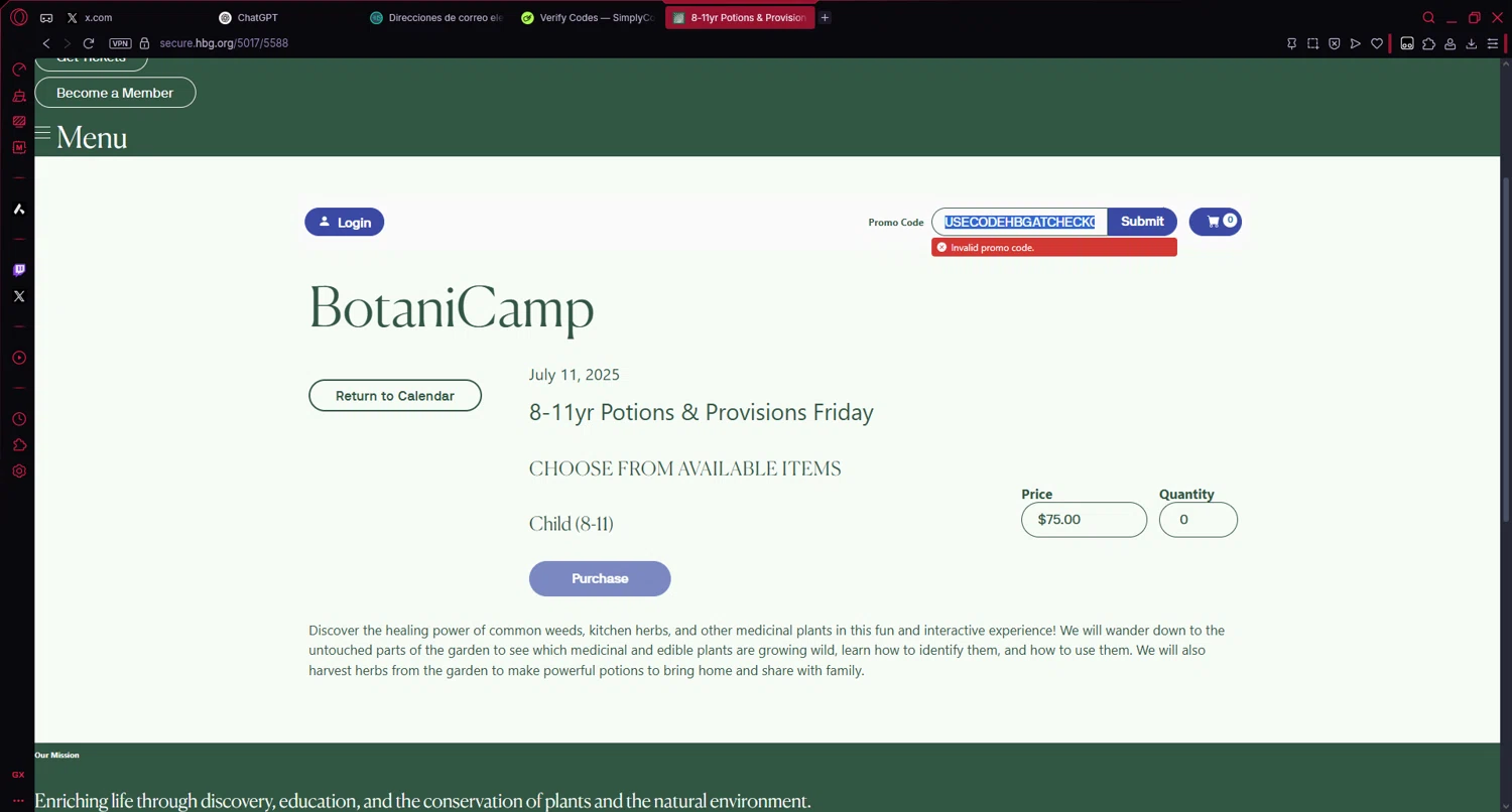 Houston Botanic Garden promo code screenshot showing code USECODEHBGATCHECKOUT applied at Houston Botanic Garden checkout page. Uploaded by SimplyCodes community member Veigarwaton on Jul 3, 2025