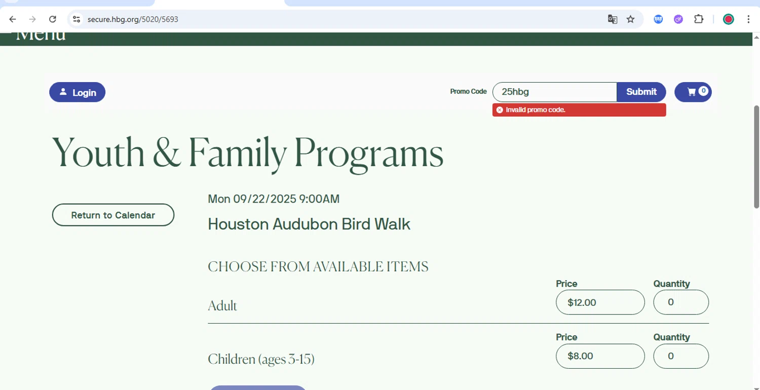 Houston Botanic Garden promo code screenshot showing code 25hbg applied at Houston Botanic Garden checkout page. Uploaded by SimplyCodes community member AlexanderSierraP on Sep 19, 2025