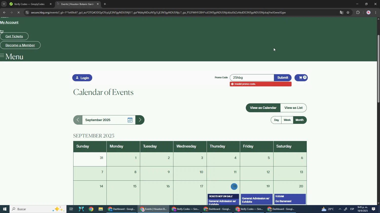 Houston Botanic Garden promo code screenshot showing code 25hbg applied at Houston Botanic Garden checkout page. Uploaded by SimplyCodes community member DealScout5970 on Sep 19, 2025