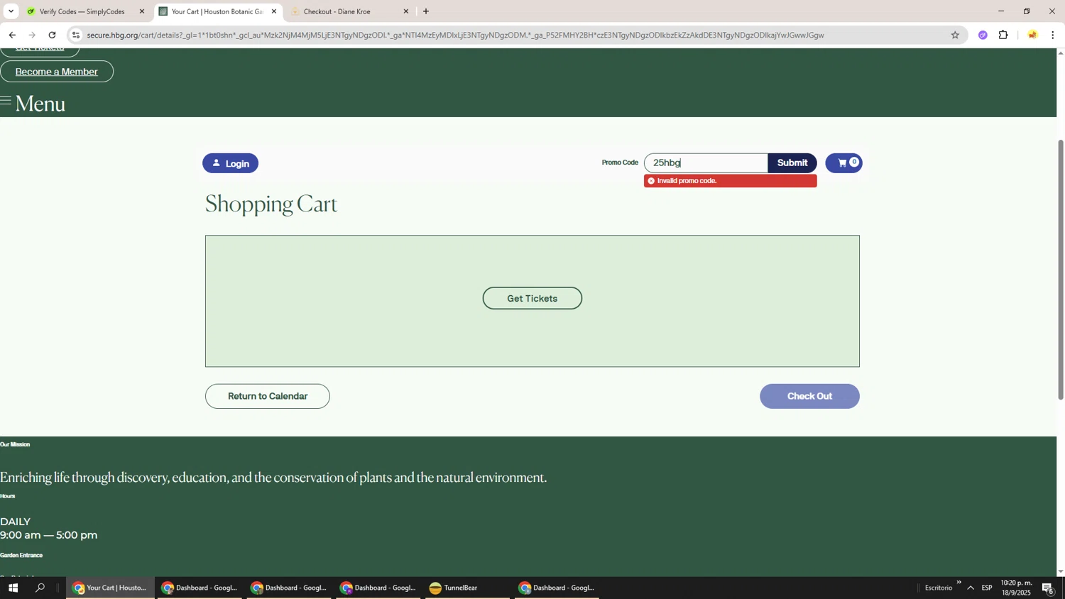 Houston Botanic Garden promo code screenshot showing code 25hbg applied at Houston Botanic Garden checkout page. Uploaded by SimplyCodes community member Richard251 on Sep 19, 2025