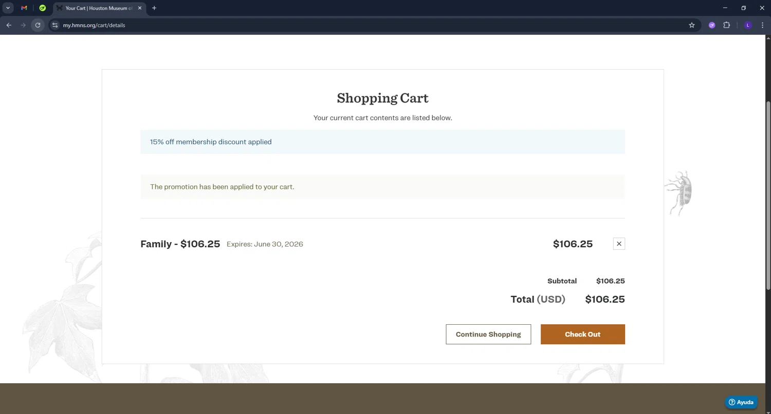 Houston Museum of Natural Science coupon code screenshot showing code TEACH15 applied at Houston Museum of Natural Science checkout page. Uploaded by SimplyCodes community member CoinElite8726 on Jun 17, 2025