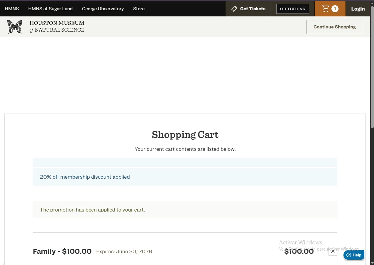 Houston Museum of Natural Science coupon code screenshot showing code LEFTBEHIND applied at Houston Museum of Natural Science checkout page. Uploaded by SimplyCodes community member Carlosramirez09 on Jun 13, 2025