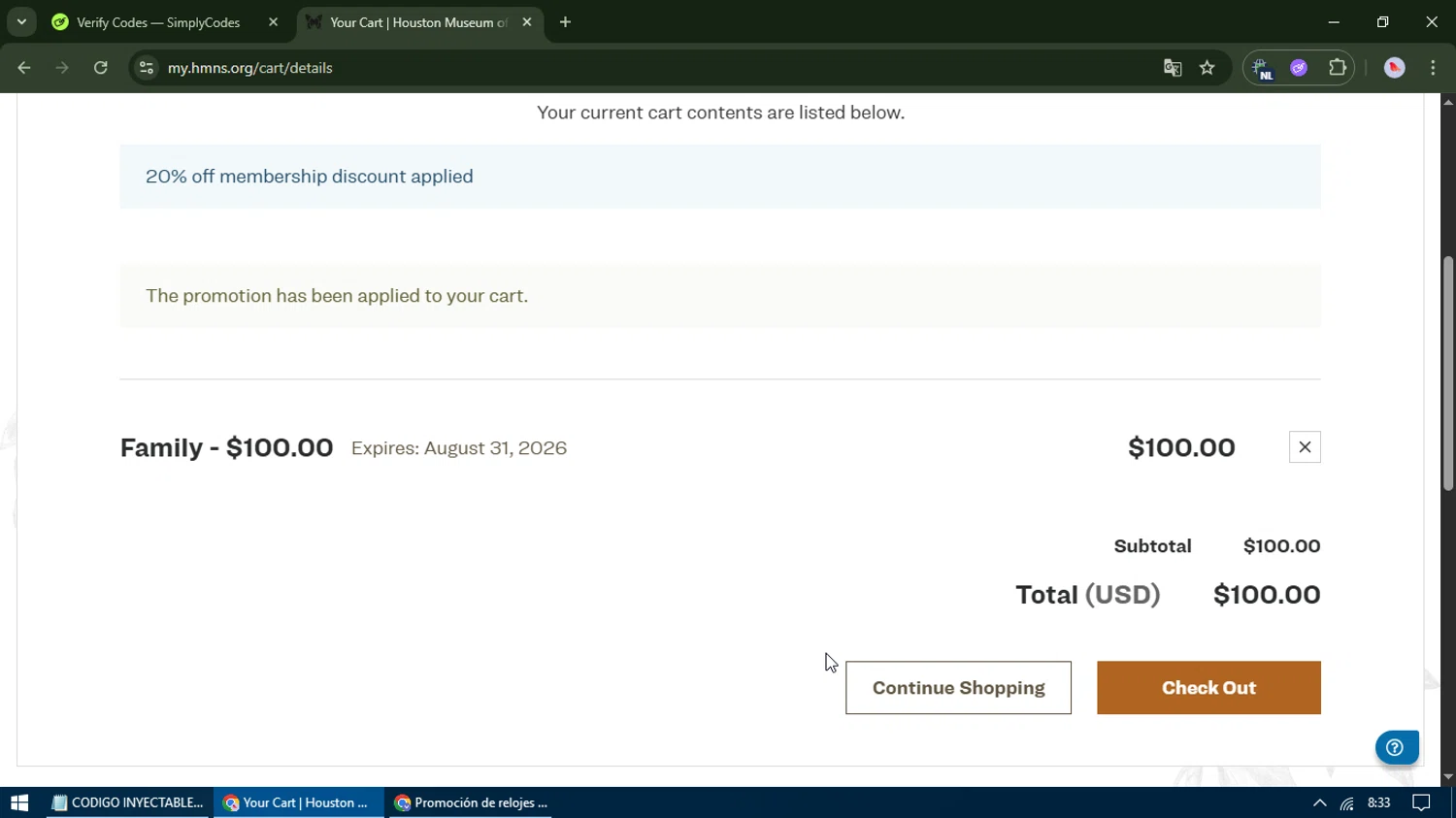 Houston Museum of Natural Science coupon code screenshot showing code LEFTBEHIND applied at Houston Museum of Natural Science checkout page. Uploaded by SimplyCodes community member TreasureCurator3039 on Aug 16, 2025
