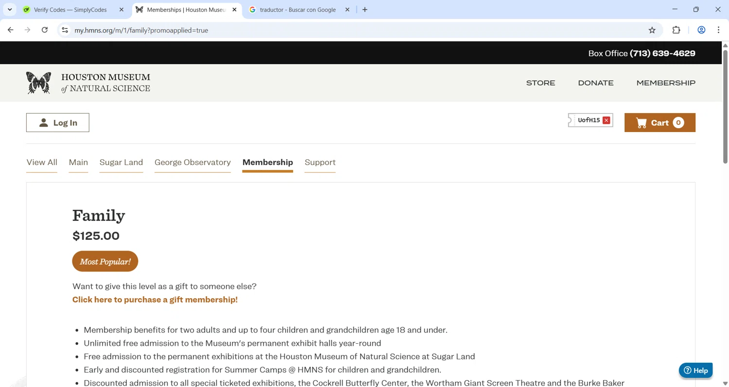 Houston Museum of Natural Science coupon code screenshot showing code UofH15 applied at Houston Museum of Natural Science checkout page. Uploaded by SimplyCodes community member CleverChaser8361 on Aug 16, 2025