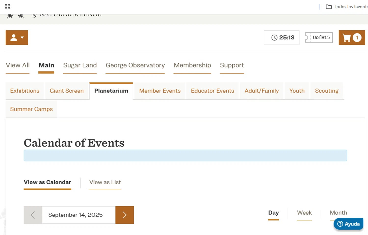 Houston Museum of Natural Science coupon code screenshot showing code UofH15 applied at Houston Museum of Natural Science checkout page. Uploaded by SimplyCodes community member delvisgomez on Sep 15, 2025