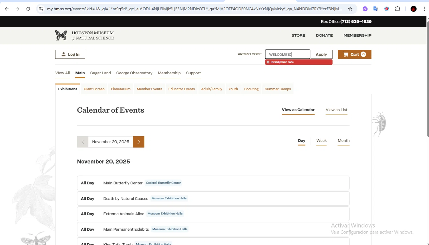 Houston Museum of Natural Science coupon code screenshot showing code WELCOME10 applied at Houston Museum of Natural Science checkout page. Uploaded by SimplyCodes community member Francisco01 on Nov 20, 2025