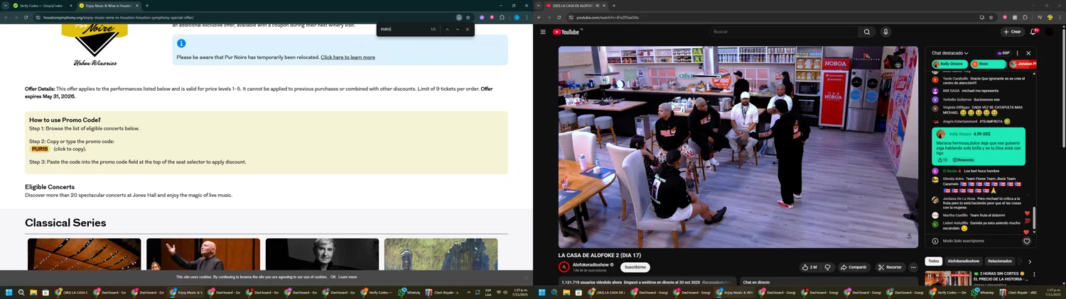 Houston Symphony promo code screenshot showing code PUR15 applied at Houston Symphony checkout page. Uploaded by SimplyCodes community member BargainGuardian280 on Nov 7, 2025