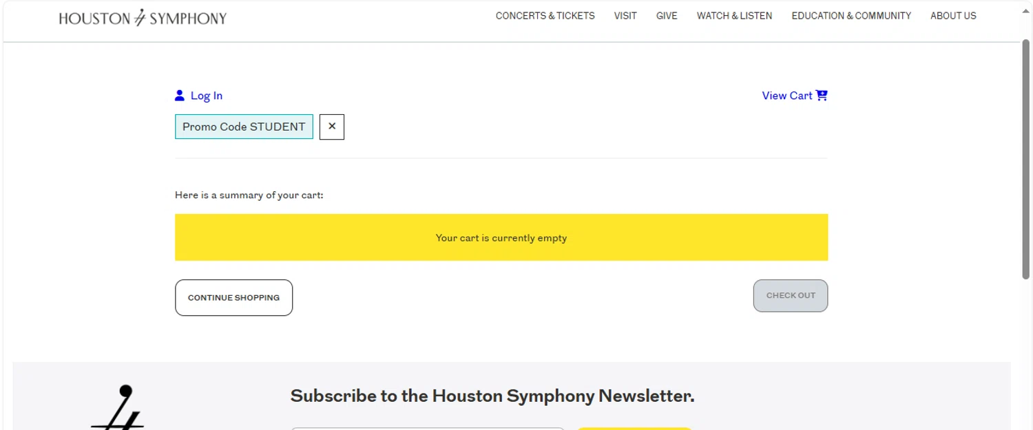 Houston Symphony promo code screenshot showing code STUDENT applied at Houston Symphony checkout page. Uploaded by SimplyCodes community member CleverWhiz2265 on Apr 13, 2025