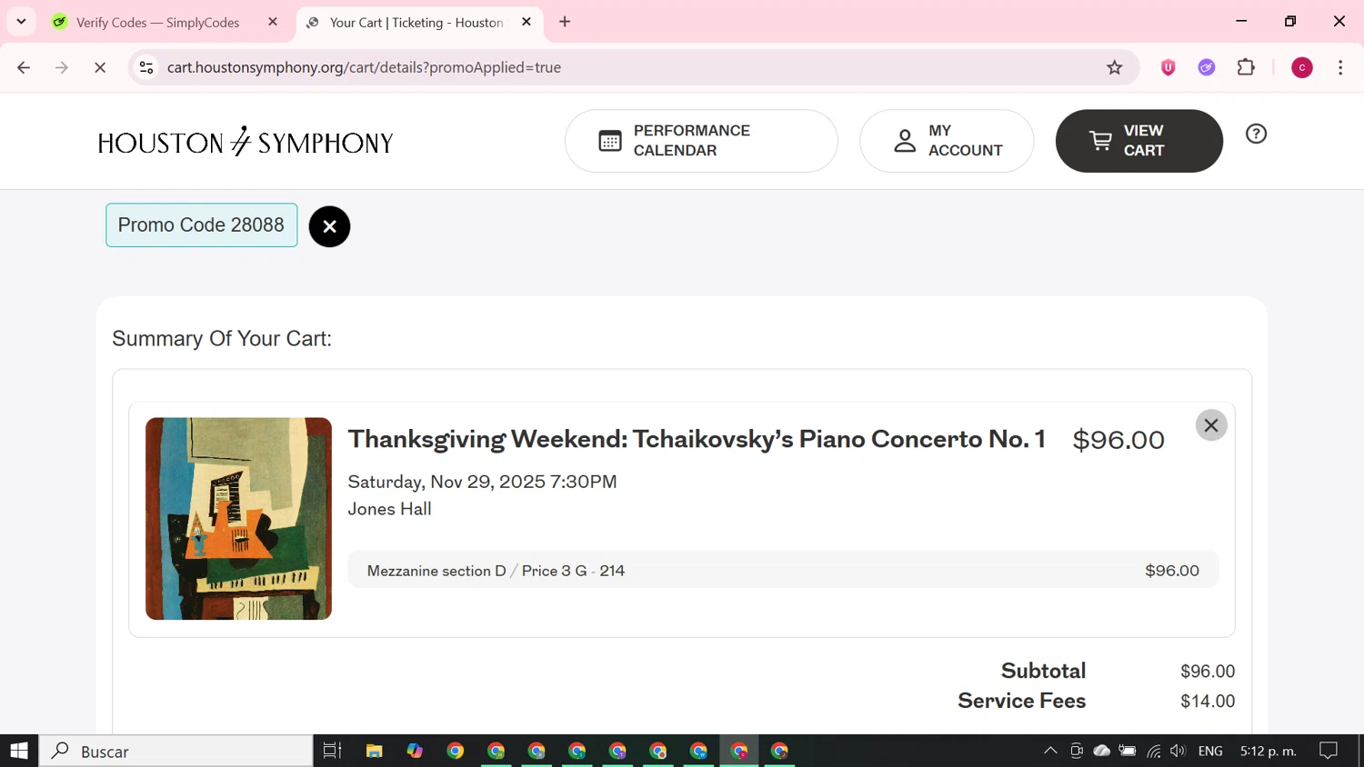 Houston Symphony promo code screenshot showing code 28088 applied at Houston Symphony checkout page. Uploaded by SimplyCodes community member RewardElite5744 on Oct 23, 2025
