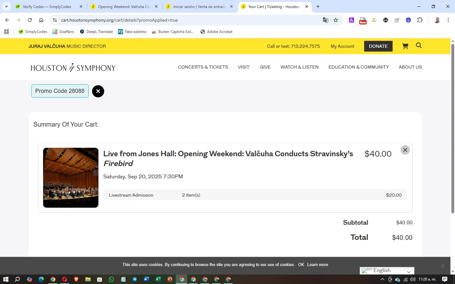 Houston Symphony promo code screenshot showing code 28088 applied at Houston Symphony checkout page. Uploaded by SimplyCodes community member Texas_City on Sep 12, 2025