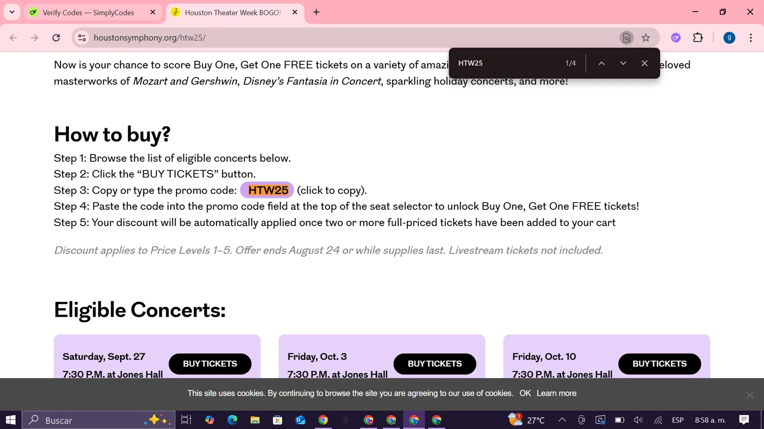 Houston Symphony promo code screenshot showing code HTW25 applied at Houston Symphony checkout page. Uploaded by SimplyCodes community member MoneyTiger7289 on Oct 15, 2025