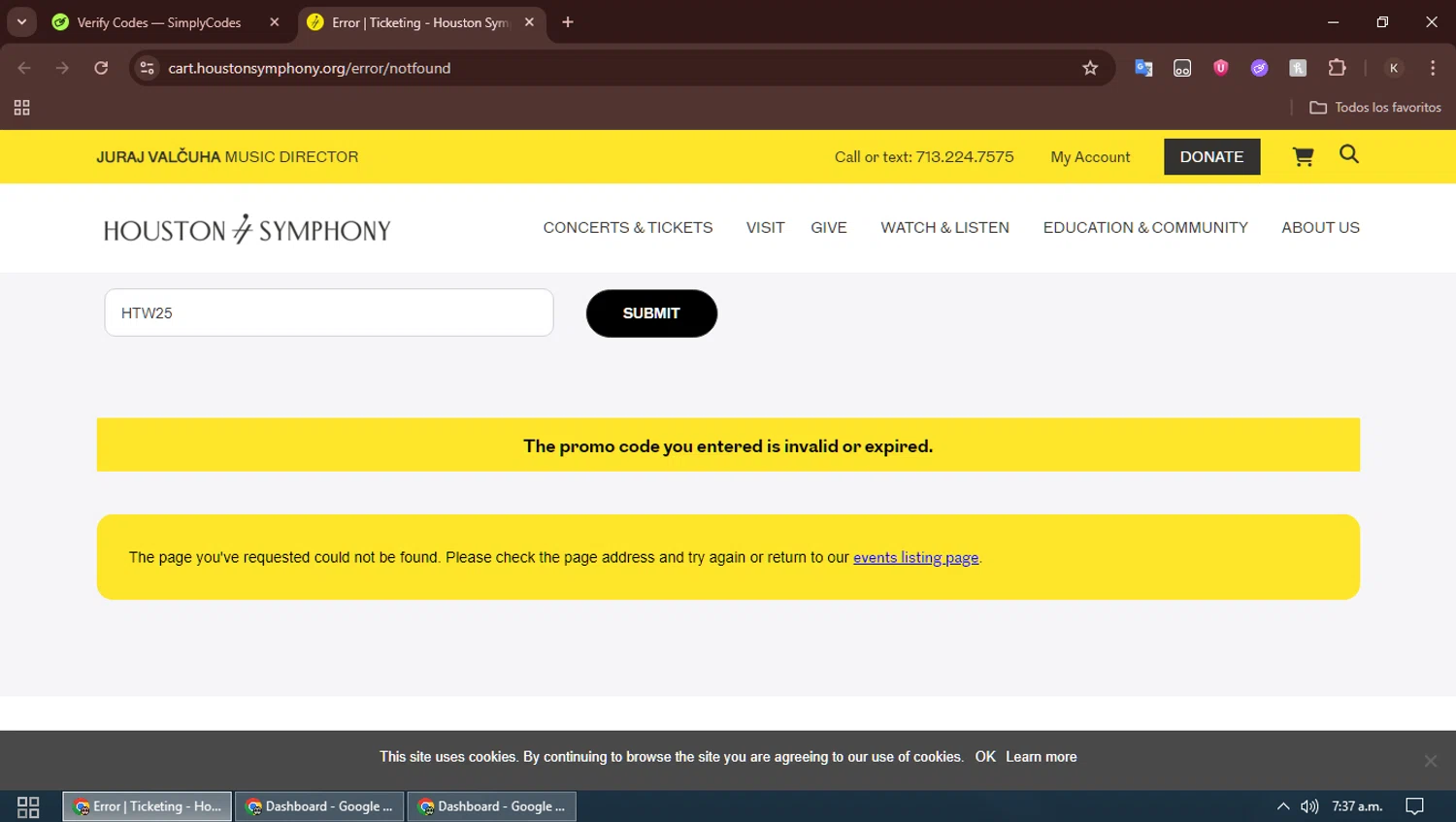 Houston Symphony promo code screenshot showing code HTW25 applied at Houston Symphony checkout page. Uploaded by SimplyCodes community member SavingsBoss991 on Oct 15, 2025