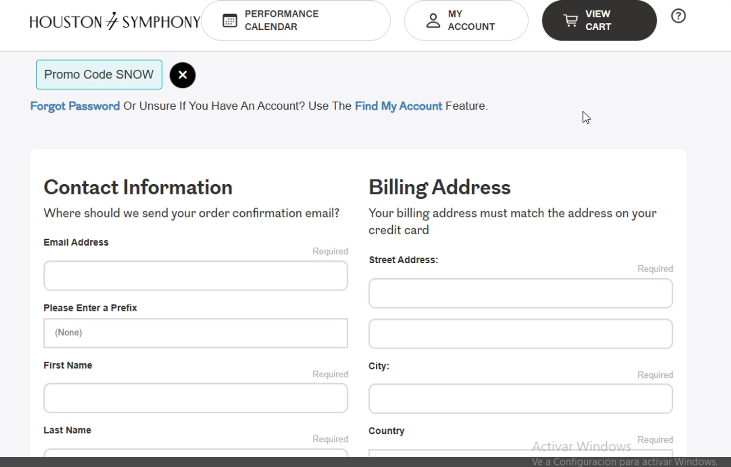 Houston Symphony promo code screenshot showing code SNOW applied at Houston Symphony checkout page. Uploaded by SimplyCodes community member Sheele_Icon on Dec 16, 2025