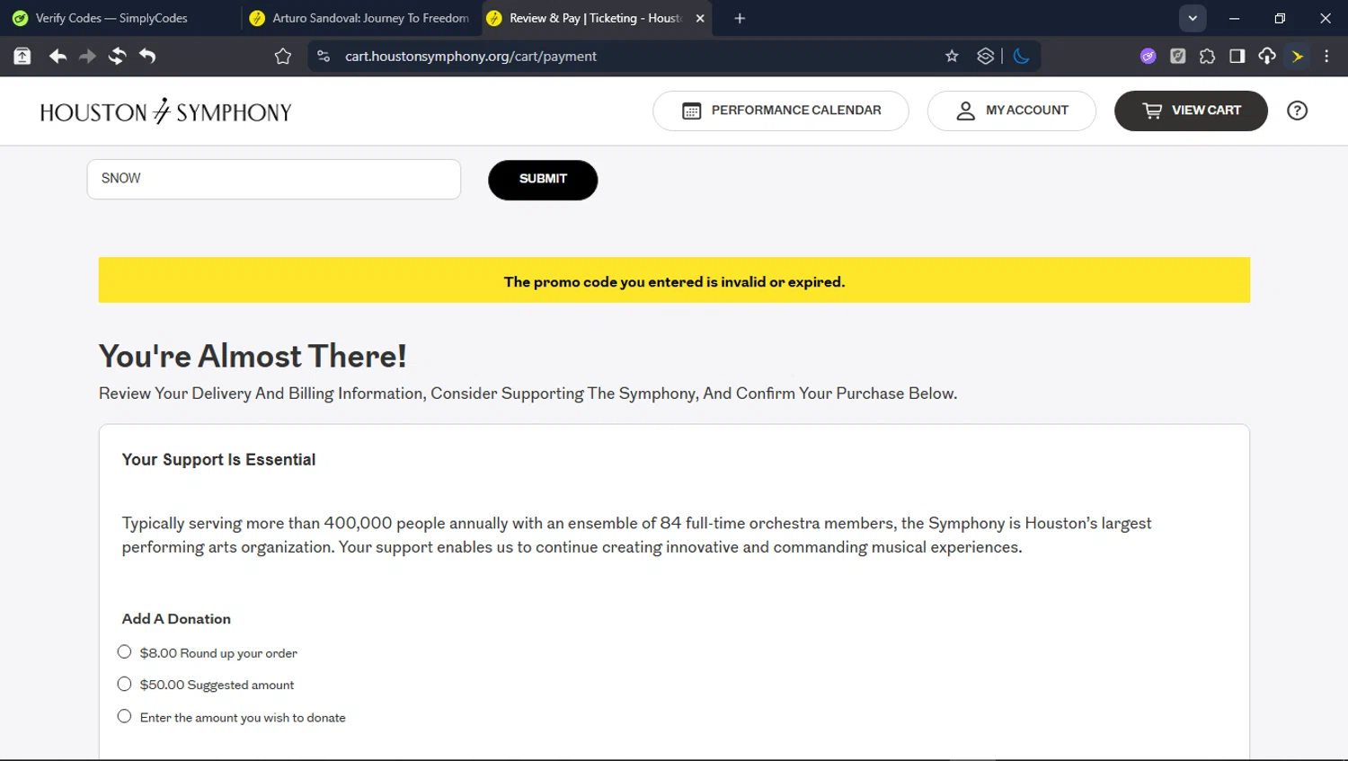 Houston Symphony promo code screenshot showing code SNOW applied at Houston Symphony checkout page. Uploaded by SimplyCodes community member userrandon on Jan 14, 2026