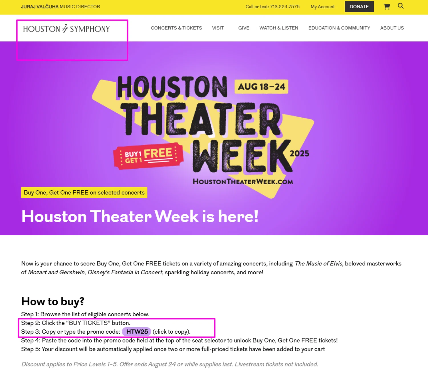 Houston Symphony promo code screenshot showing code HTW25 applied at Houston Symphony checkout page. Uploaded by SimplyCodes community member mrdarcy on Aug 18, 2025
