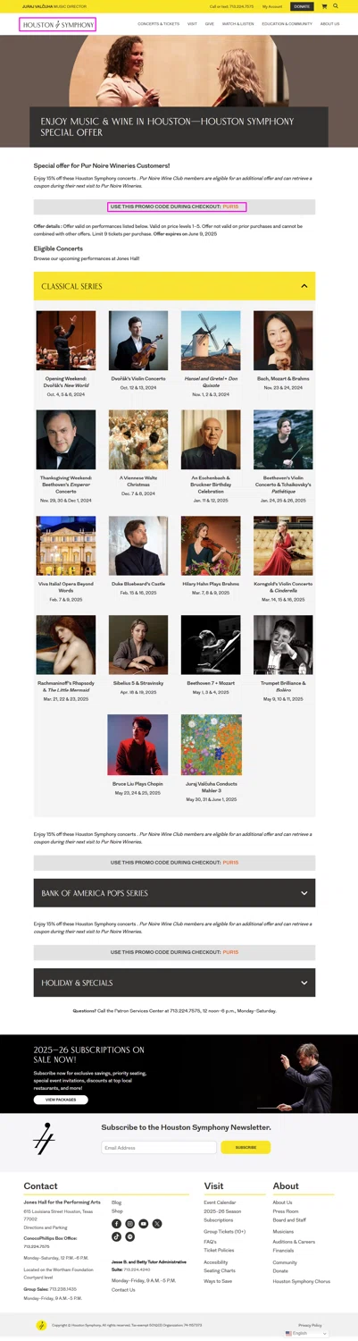 Houston Symphony promo code screenshot showing code PUR15 applied at Houston Symphony checkout page. Uploaded by SimplyCodes community member mrdarcy on May 4, 2025