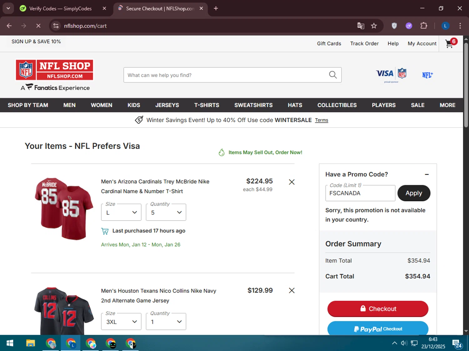 Houston Texans checkout page showing Houston Texans promo code box | Screenshot taken by SimplyCodes community member on Dec 23, 2025