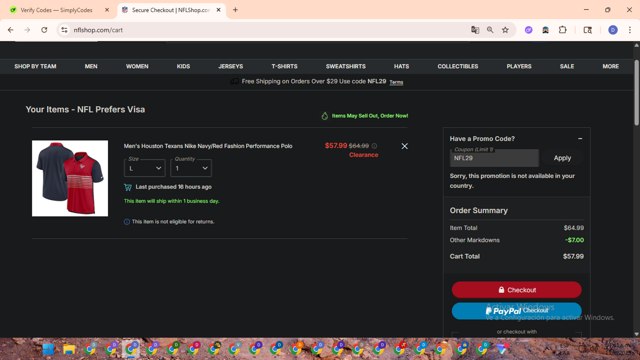 Houston Texans checkout page showing Houston Texans promo code box | Screenshot taken by SimplyCodes community member on Aug 13, 2025