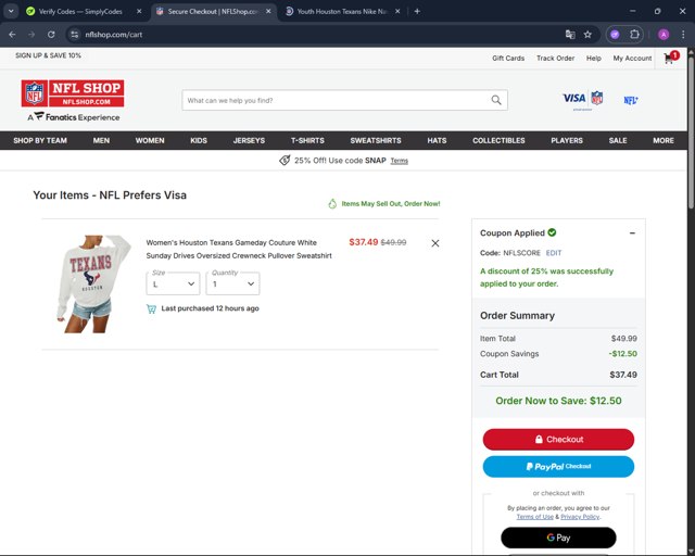 Houston Texans checkout page showing Houston Texans promo code box | Screenshot taken by SimplyCodes community member on Aug 16, 2025