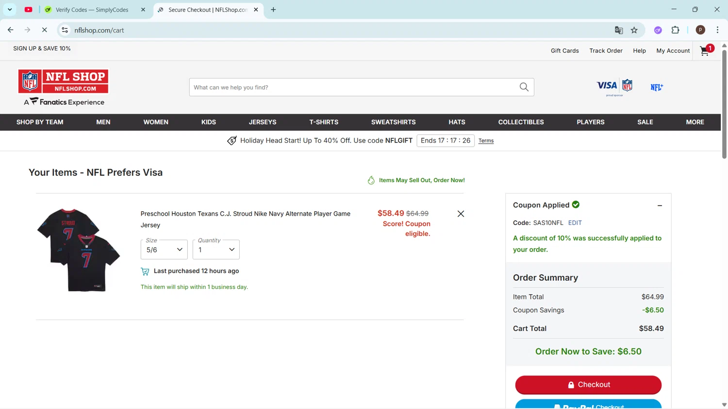 Houston Texans promo code screenshot showing code SAS10NFL applied at Houston Texans checkout page. Uploaded by SimplyCodes community member ShrewdPro2243 on Nov 13, 2025