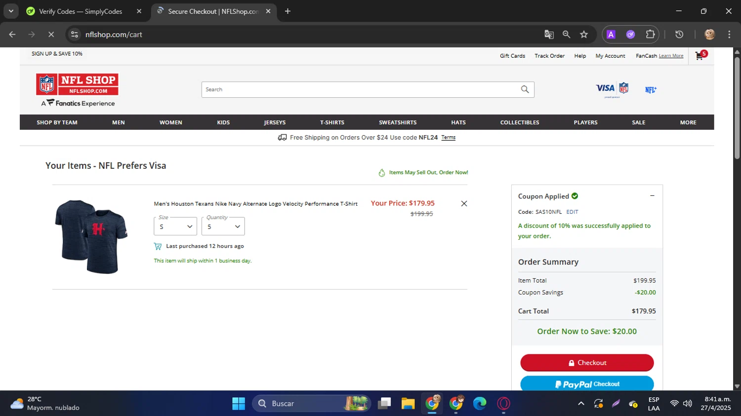 Houston Texans promo code screenshot showing code SAS10NFL applied at Houston Texans checkout page. Uploaded by SimplyCodes community member SwiftPilot741 on Apr 27, 2025