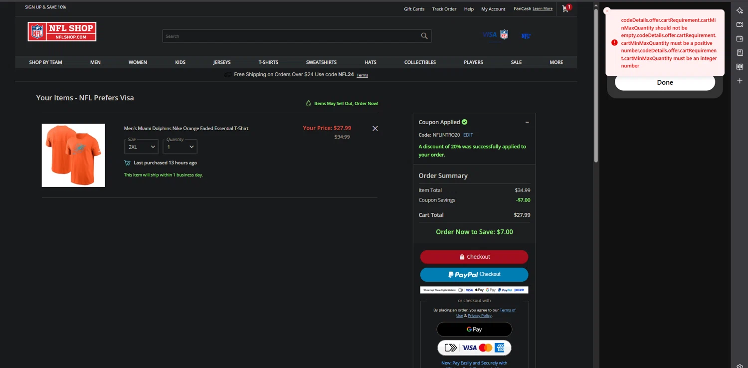 Houston Texans promo code screenshot showing code NFLINTRO20 applied at Houston Texans checkout page. Uploaded by SimplyCodes community member POWERRANGERRED on Apr 28, 2025