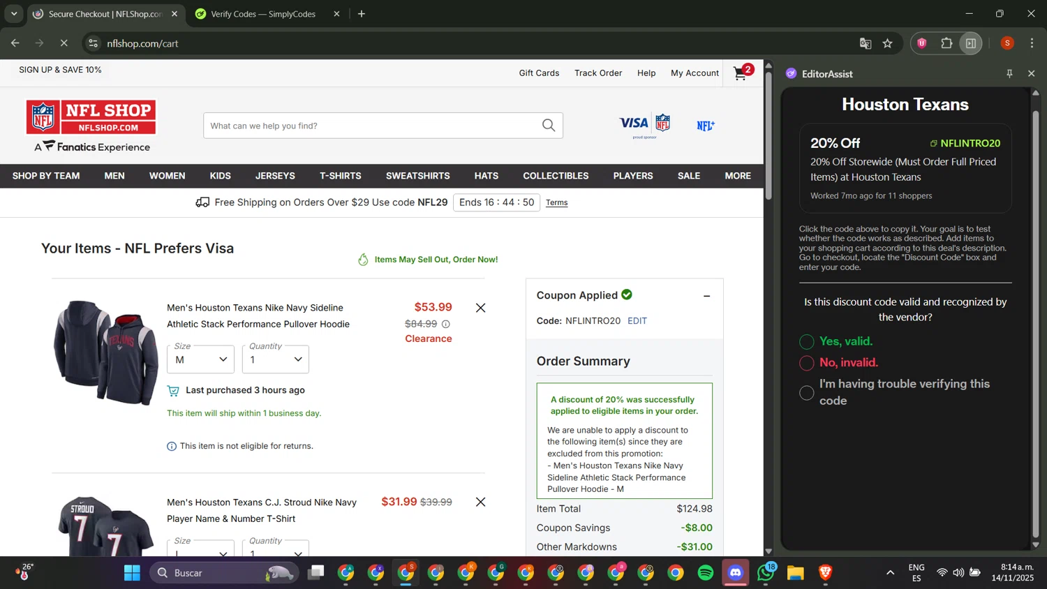 Houston Texans promo code screenshot showing code NFLINTRO20 applied at Houston Texans checkout page. Uploaded by SimplyCodes community member PrimeTracker2179 on Nov 14, 2025