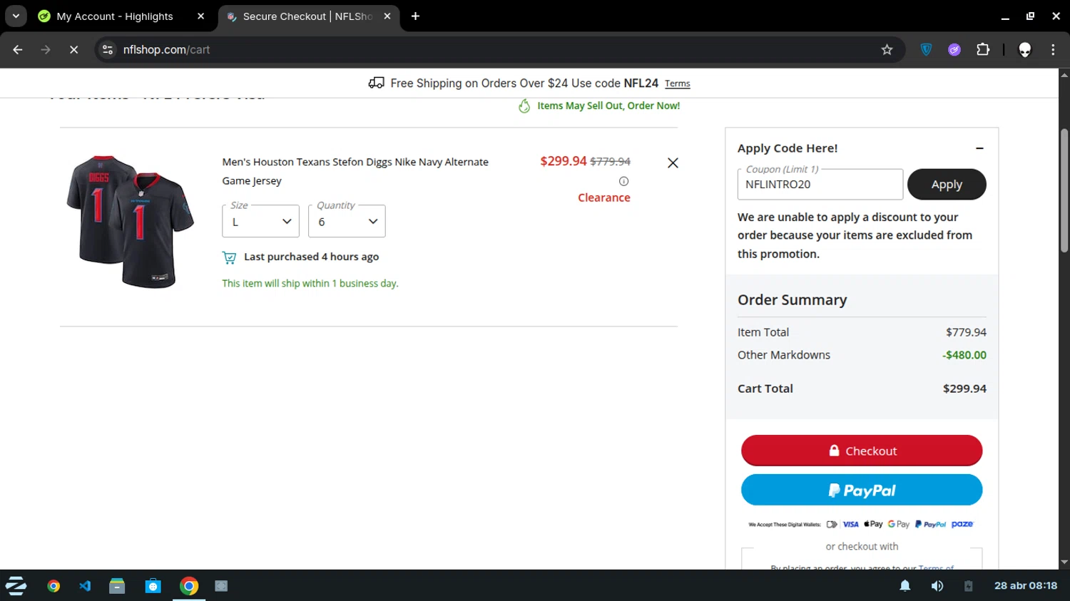 Houston Texans promo code screenshot showing code NFLINTRO20 applied at Houston Texans checkout page. Uploaded by SimplyCodes community member DealOwl9228 on Apr 28, 2025