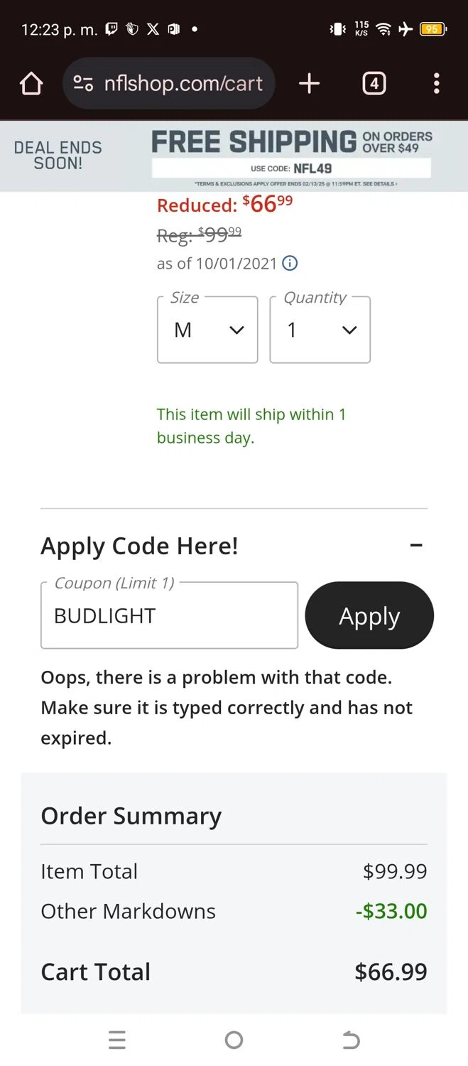 Houston Texans promo code screenshot showing code BUDLIGHT applied at Houston Texans checkout page. Uploaded by SimplyCodes community member chepipro on Feb 12, 2025