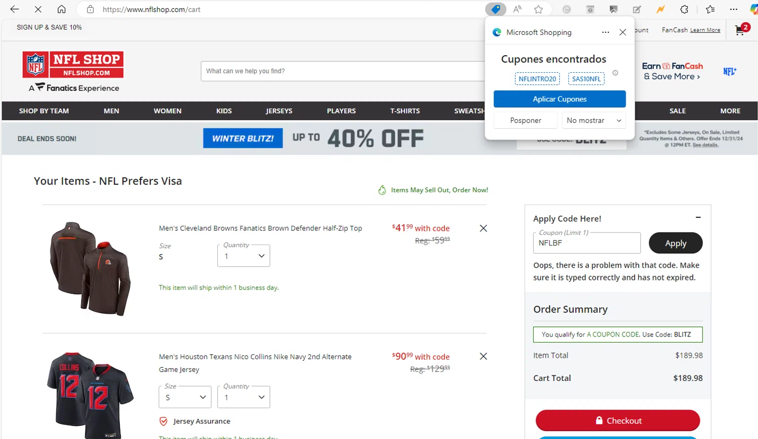 Houston Texans promo code screenshot showing code NFLBF applied at Houston Texans checkout page. Uploaded by SimplyCodes community member VictorYanez on Dec 28, 2024