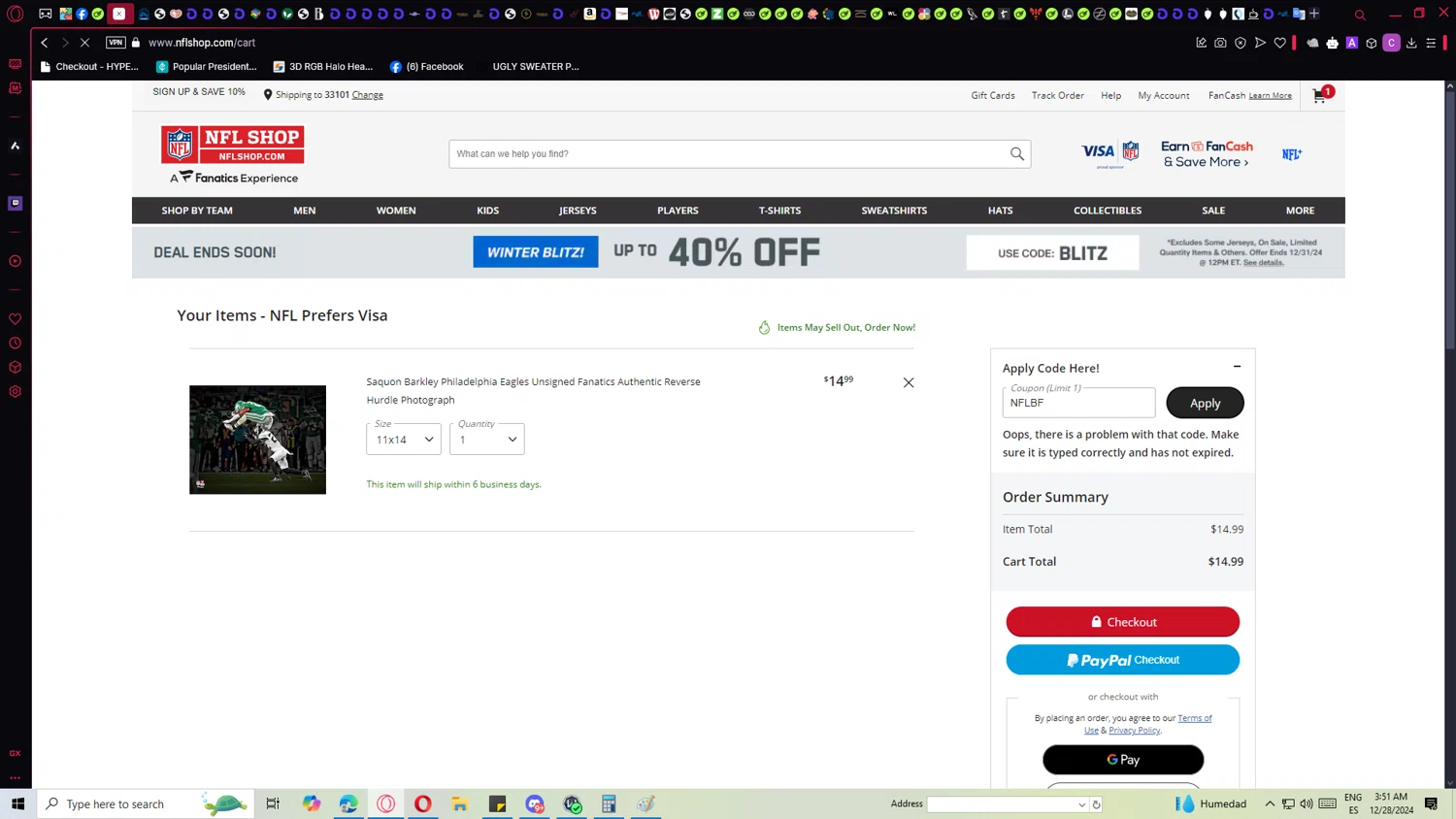 Houston Texans promo code screenshot showing code NFLBF applied at Houston Texans checkout page. Uploaded by SimplyCodes community member ricardoramirez1 on Dec 28, 2024