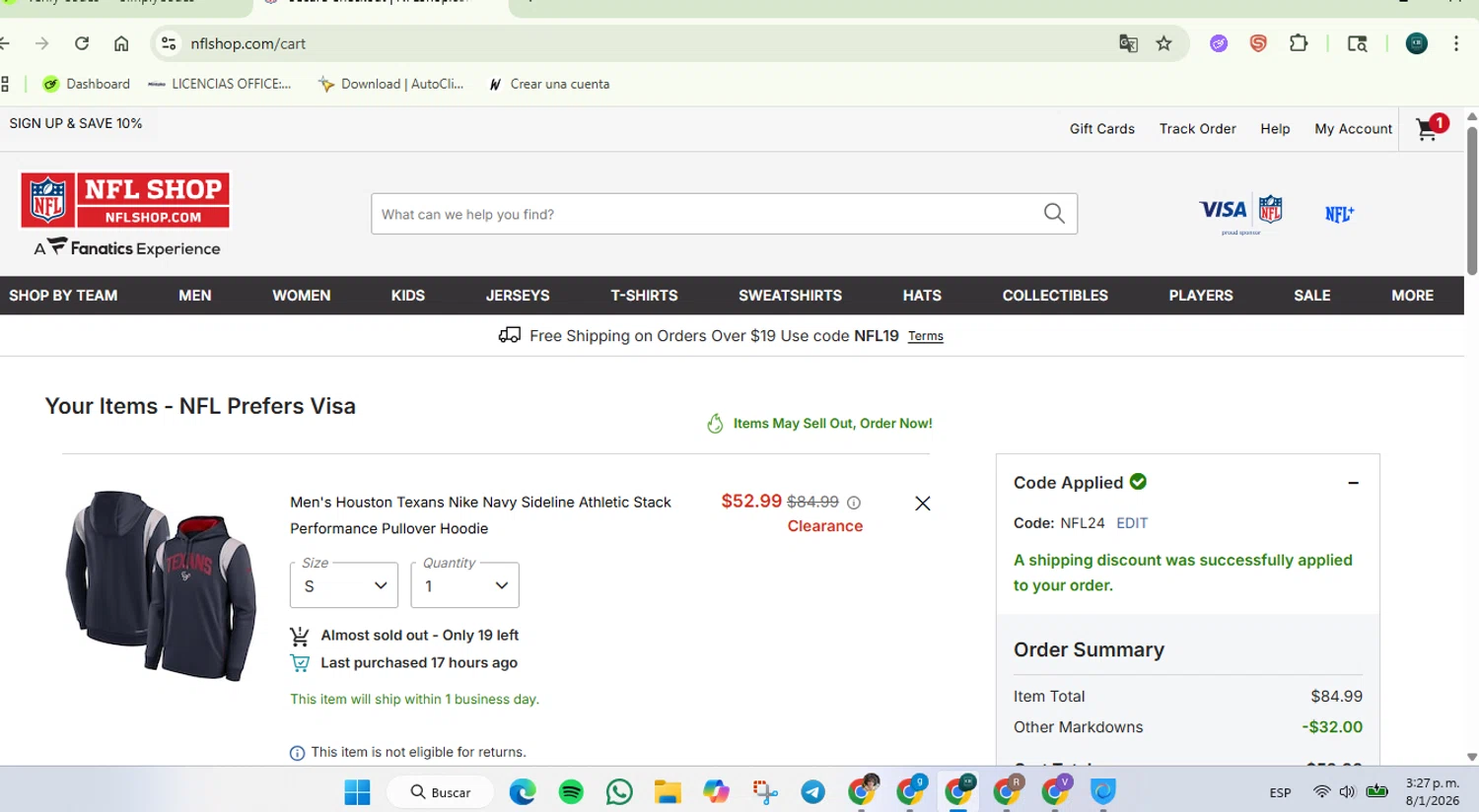 Houston Texans checkout page showing Houston Texans promo code box | Screenshot taken by SimplyCodes community member on Jan 8, 2026