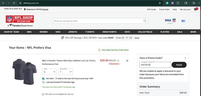 Houston Texans checkout page showing Houston Texans promo code box | Screenshot taken by SimplyCodes community member on Oct 5, 2025