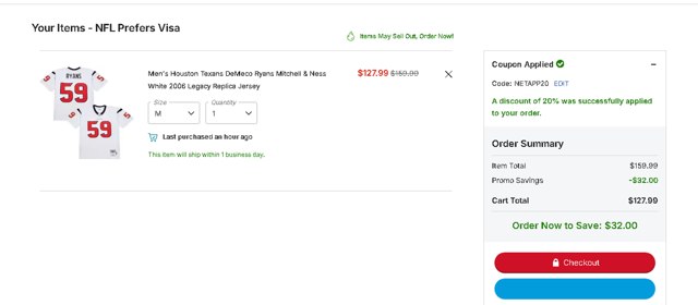 Houston Texans checkout page showing Houston Texans promo code box | Screenshot taken by SimplyCodes community member on Sep 6, 2025