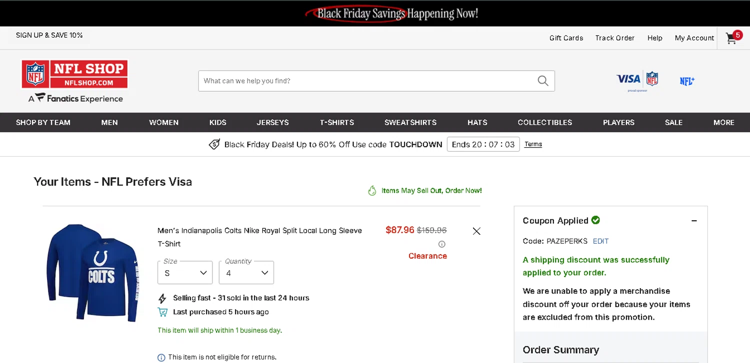 Houston Texans promo code screenshot showing code PAZEPERKS applied at Houston Texans checkout page. Uploaded by SimplyCodes community member BrilliantTitan7739 on Nov 23, 2025