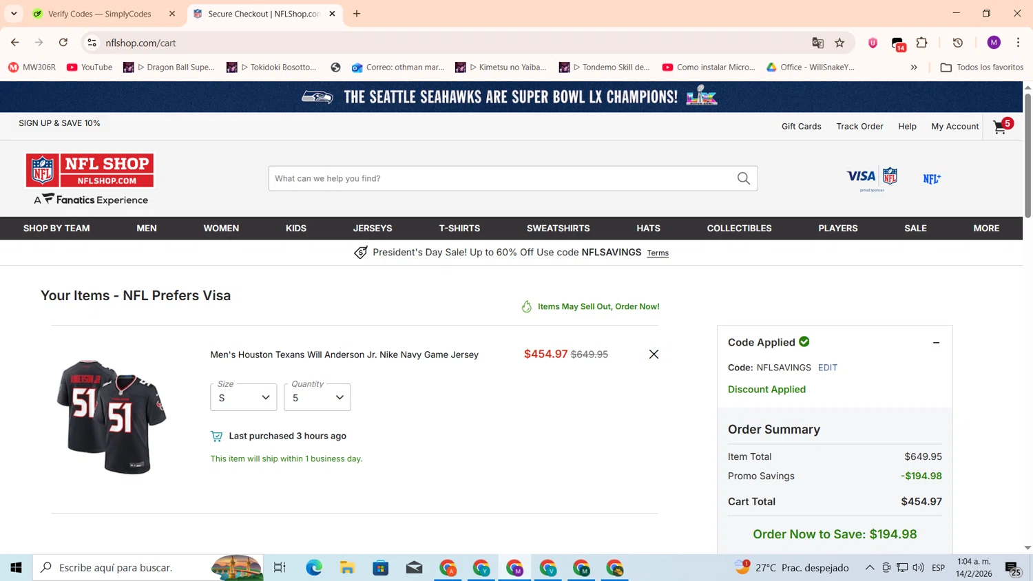 Houston Texans checkout page showing Houston Texans promo code box | Screenshot taken by SimplyCodes community member on Feb 14, 2026