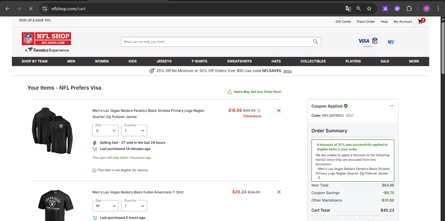 Houston Texans promo code screenshot showing code NFLSAVINGS applied at Houston Texans checkout page. Uploaded by SimplyCodes community member firoas on Aug 22, 2025