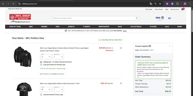 Houston Texans checkout page showing Houston Texans promo code box | Screenshot taken by SimplyCodes community member on Aug 22, 2025