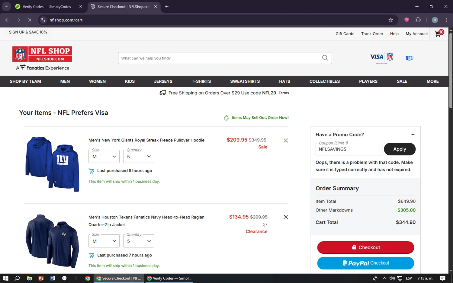 Houston Texans promo code screenshot showing code NFLSAVINGS applied at Houston Texans checkout page. Uploaded by SimplyCodes community member maraxo on Sep 20, 2025