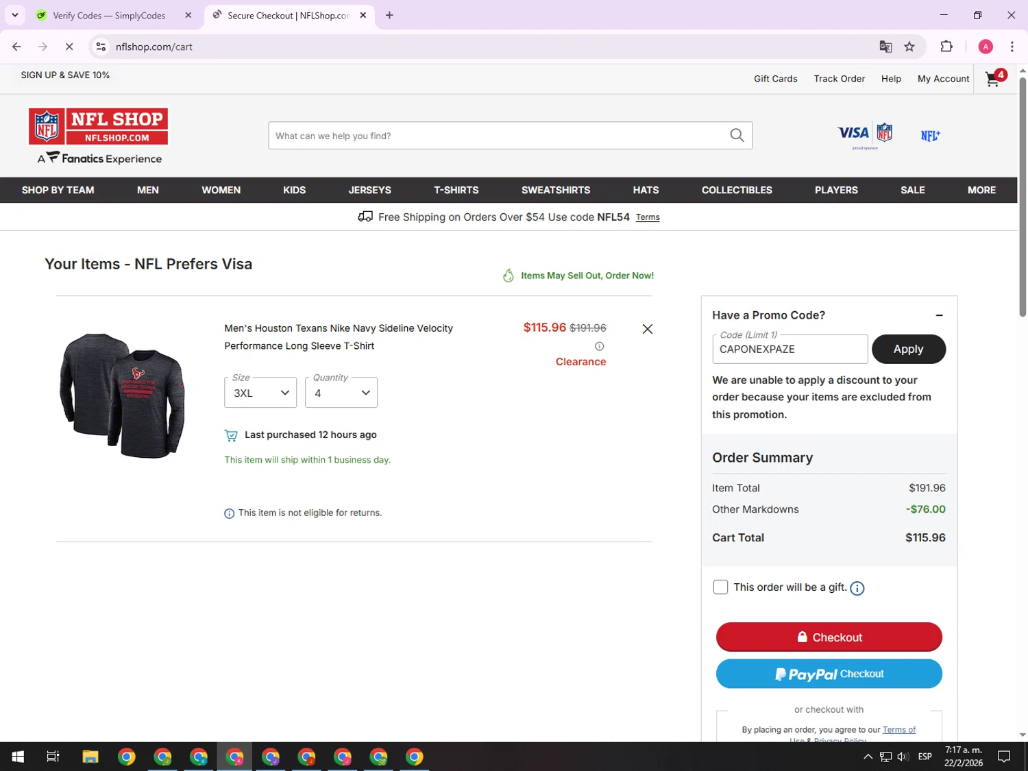 Houston Texans checkout page showing Houston Texans promo code box | Screenshot taken by SimplyCodes community member on Feb 22, 2026